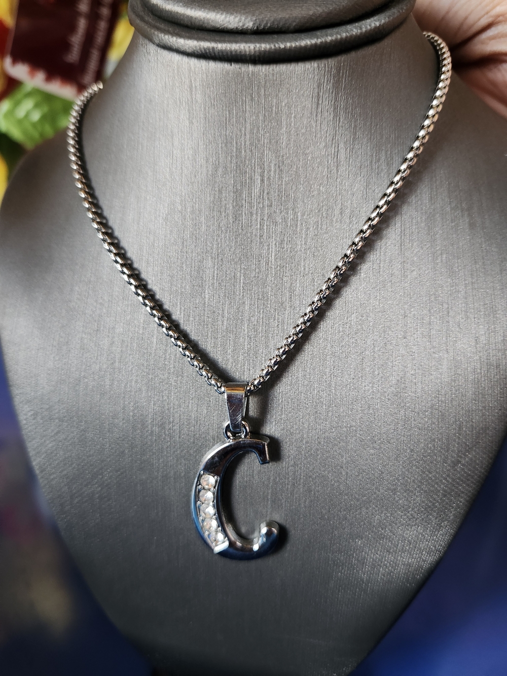Initial C Pendant Necklace in Silver with Crystal Accents